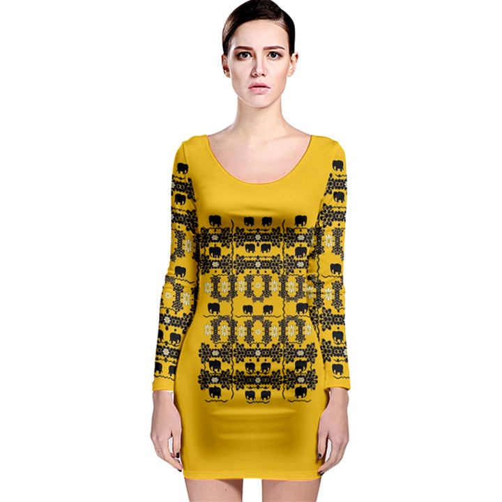 Jungle Elephants Long Sleeve Bodycon Dress