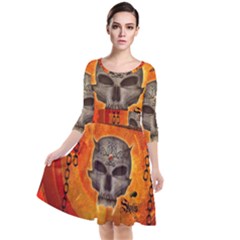 Awesome Skull With Celtic Knot With Fire On The Background Quarter Sleeve Waist Band Dress by FantasyWorld7