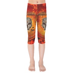 Awesome Skull With Celtic Knot With Fire On The Background Kids  Capri Leggings  by FantasyWorld7