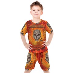 Awesome Skull With Celtic Knot With Fire On The Background Kids  Tee And Shorts Set by FantasyWorld7