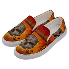 Awesome Skull With Celtic Knot With Fire On The Background Men s Canvas Slip Ons by FantasyWorld7