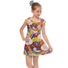 Rainbow Vintage Retro Style Kids Rainbow Vintage Retro Style Kid Funny Pattern With 80s Clouds Kids  Cap Sleeve Dress by genx