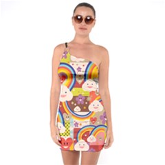 Rainbow Vintage Retro Style Kids Rainbow Vintage Retro Style Kid Funny Pattern With 80s Clouds One Soulder Bodycon Dress by genx