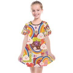 Rainbow Vintage Retro Style Kids Rainbow Vintage Retro Style Kid Funny Pattern With 80s Clouds Kids  Smock Dress by genx