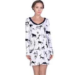 Petroglyph Runic Cavemen Nordic Black Paleo Drawings Pattern Long Sleeve Nightdress