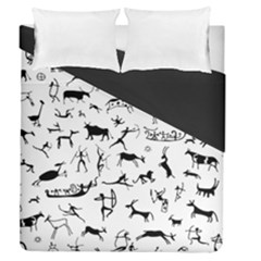 Petroglyph Runic Cavemen Nordic Black Paleo Drawings Pattern Duvet Cover Double Side (Queen Size)