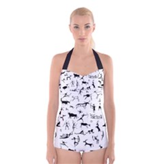 Petroglyph Runic Cavemen Nordic Black Paleo Drawings Pattern Boyleg Halter Swimsuit 