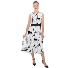 Petroglyph Runic Cavemen Nordic Black Paleo Drawings Pattern Midi Tie-back Chiffon Dress by snek