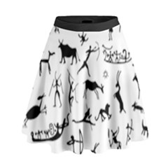 Petroglyph Runic Cavemen Nordic Black Paleo Drawings Pattern High Waist Skirt by snek