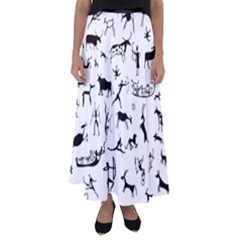 Petroglyph Runic Cavemen Nordic Black Paleo Drawings Pattern Flared Maxi Skirt