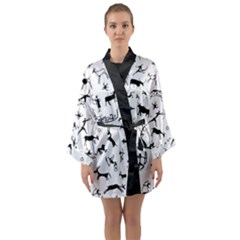 Petroglyph Runic Cavemen Nordic Black Paleo Drawings Pattern Long Sleeve Kimono Robe