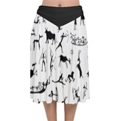 Petroglyph Runic Cavemen Nordic Black Paleo Drawings Pattern Velvet Flared Midi Skirt