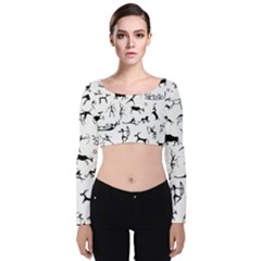 Petroglyph Runic Cavemen Nordic Black Paleo Drawings Pattern Velvet Long Sleeve Crop Top by snek