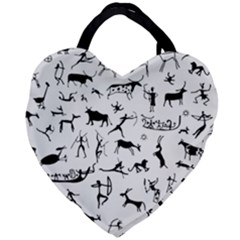 Petroglyph Runic Cavemen Nordic Black Paleo Drawings Pattern Giant Heart Shaped Tote