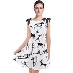 Petroglyph Runic Cavemen Nordic Black Paleo Drawings Pattern Tie Up Tunic Dress by snek