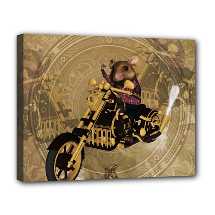 Funny Cute Mouse On A Motorcycle Canvas 14  x 11  (Stretched)