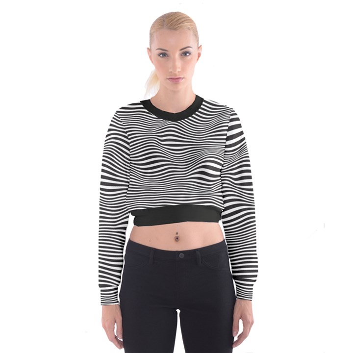 Retro Psychedelic Waves pattern 80s Black and White Cropped Sweatshirt