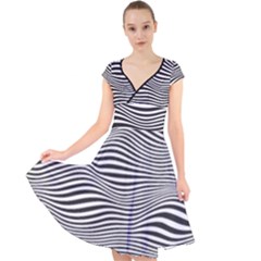 Retro Psychedelic Waves Pattern 80s Black And White Cap Sleeve Front Wrap Midi Dress by genx