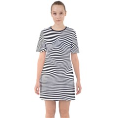 Retro Psychedelic Waves Pattern 80s Black And White Sixties Short Sleeve Mini Dress by genx