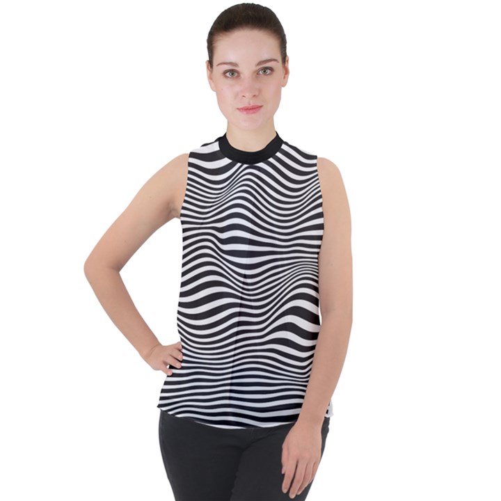 Retro Psychedelic Waves pattern 80s Black and White Mock Neck Chiffon Sleeveless Top