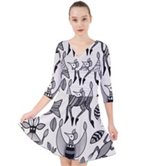 African Senufo Korhogo Tribal Ethnic Art Elements Vector Quarter Sleeve Front Wrap Dress