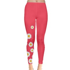 Flowers White Daisies Pattern Red Background Flowers White Daisies Pattern Red Bottom Leggings  by genx