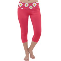 Flowers White Daisies Pattern Red Background Flowers White Daisies Pattern Red Bottom Capri Yoga Leggings by genx