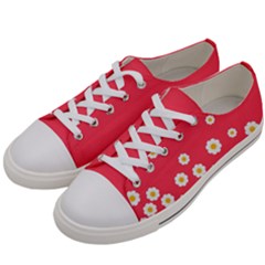 Flowers White Daisies Pattern Red Background Flowers White Daisies Pattern Red Bottom Men s Low Top Canvas Sneakers by genx