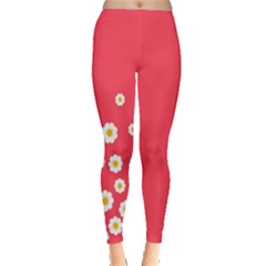 Flowers White Daisies Pattern Red Background Flowers White Daisies Pattern Red Bottom Inside Out Leggings by genx
