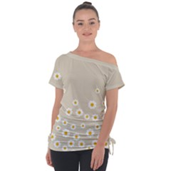 White Daisies Flower Pattern On Vintage Pastel Beige Background Retro Style Tie-up Tee