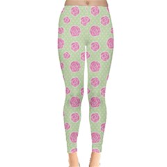 Roses Flowers Pink And Pastel Lime Green Pattern With Retro Dots Leggings  by genx