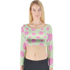 Roses Flowers Pink And Pastel Lime Green Pattern With Retro Dots Long Sleeve Crop Top by genx