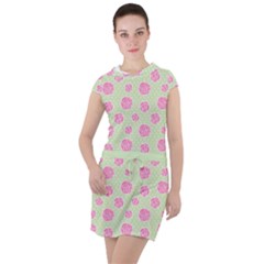 Roses Flowers Pink And Pastel Lime Green Pattern With Retro Dots Drawstring Hooded Dress by genx