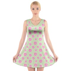 Roses Flowers Pink And Pastel Lime Green Pattern With Retro Dots V-neck Sleeveless Dress by genx
