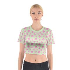 Roses Flowers Pink And Pastel Lime Green Pattern With Retro Dots Cotton Crop Top by genx