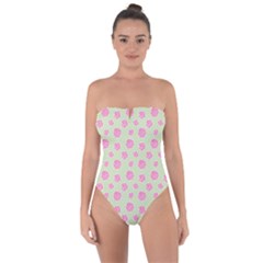 Roses Flowers Pink And Pastel Lime Green Pattern With Retro Dots Tie Back One Piece Swimsuit by genx