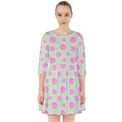 Roses Flowers Pink And Pastel Lime Green Pattern With Retro Dots Smock Dress by genx