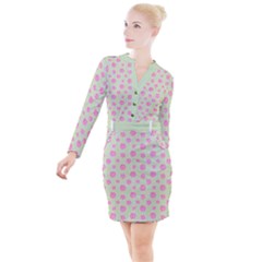Roses Flowers Pink And Pastel Lime Green Pattern With Retro Dots Button Long Sleeve Dress by genx