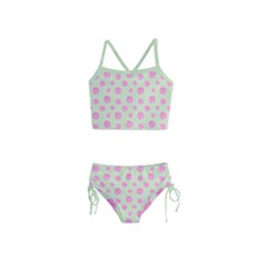 Roses Flowers Pink And Pastel Lime Green Pattern With Retro Dots Girls  Tankini Swimsuit by genx