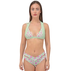 Roses Flowers Pink And Pastel Lime Green Pattern With Retro Dots Double Strap Halter Bikini Set