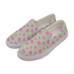 Roses Flowers Pink And Pastel Lime Green Pattern With Retro Dots Women s Canvas Slip Ons by genx
