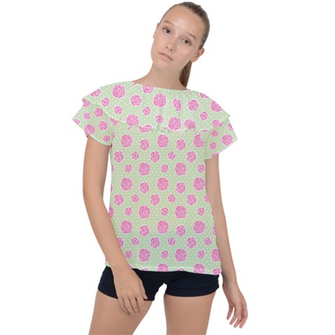 Roses Flowers Pink And Pastel Lime Green Pattern With Retro Dots Ruffle Collar Chiffon Blouse by genx