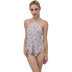 Roses Flowers Pink And Pastel Lime Green Pattern With Retro Dots Go With The Flow One Piece Swimsuit by genx