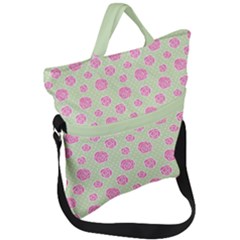 Roses Flowers Pink And Pastel Lime Green Pattern With Retro Dots Fold Over Handle Tote Bag by genx