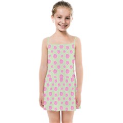 Roses Flowers Pink And Pastel Lime Green Pattern With Retro Dots Kids  Summer Sun Dress