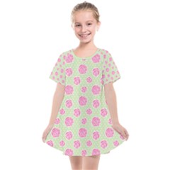 Roses Flowers Pink And Pastel Lime Green Pattern With Retro Dots Kids  Smock Dress by genx