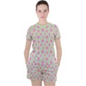 Roses flowers pink and pastel lime green pattern with retro dots Women s Tee and Shorts Set View1