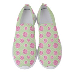 Roses Flowers Pink And Pastel Lime Green Pattern With Retro Dots Women s Slip On Sneakers by genx