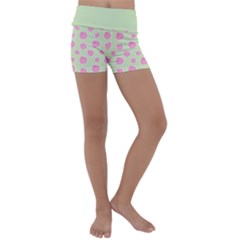 Roses Flowers Pink And Pastel Lime Green Pattern With Retro Dots Kids  Lightweight Velour Yoga Shorts by genx