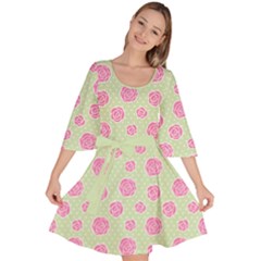 Roses Flowers Pink And Pastel Lime Green Pattern With Retro Dots Velour Kimono Dress by genx